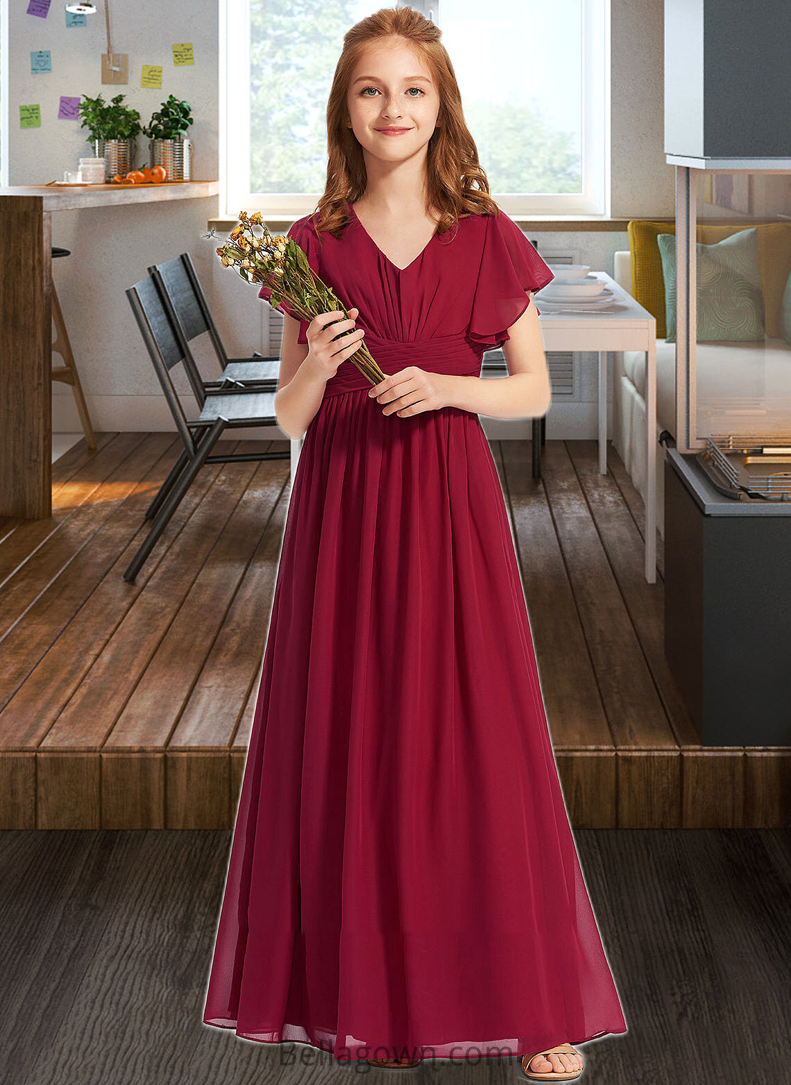 Brynlee A-Line V-neck Floor-Length Chiffon Junior Bridesmaid Dress With Ruffle DNP0013405