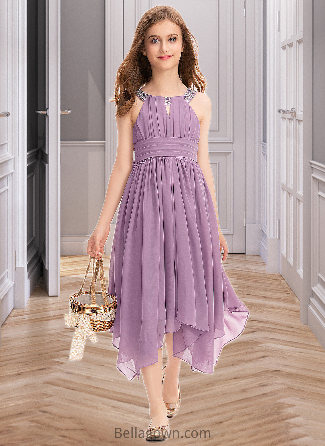 Nataly A-Line Scoop Neck Tea-Length Chiffon Junior Bridesmaid Dress With Ruffle Beading Bow(s) DNP0013406