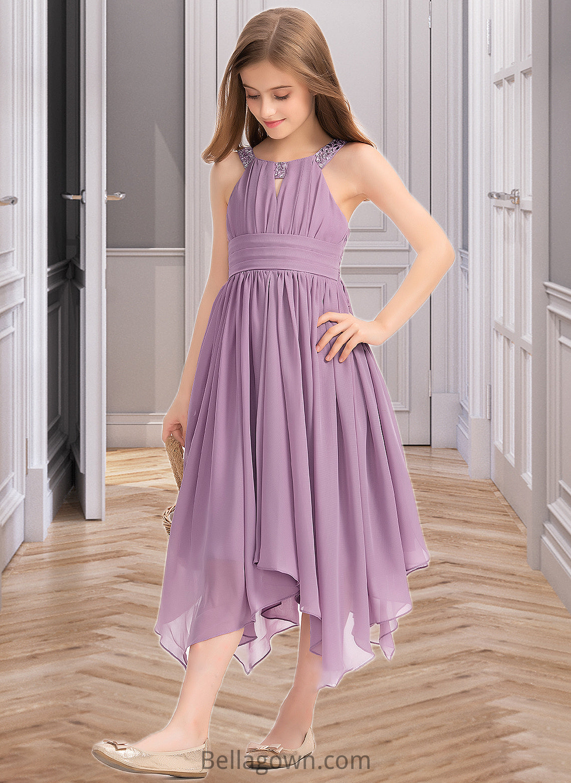 Nataly A-Line Scoop Neck Tea-Length Chiffon Junior Bridesmaid Dress With Ruffle Beading Bow(s) DNP0013406