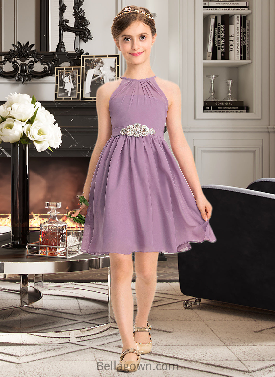 Jaelynn A-Line Scoop Neck Knee-Length Chiffon Junior Bridesmaid Dress With Ruffle Beading DNP0013407