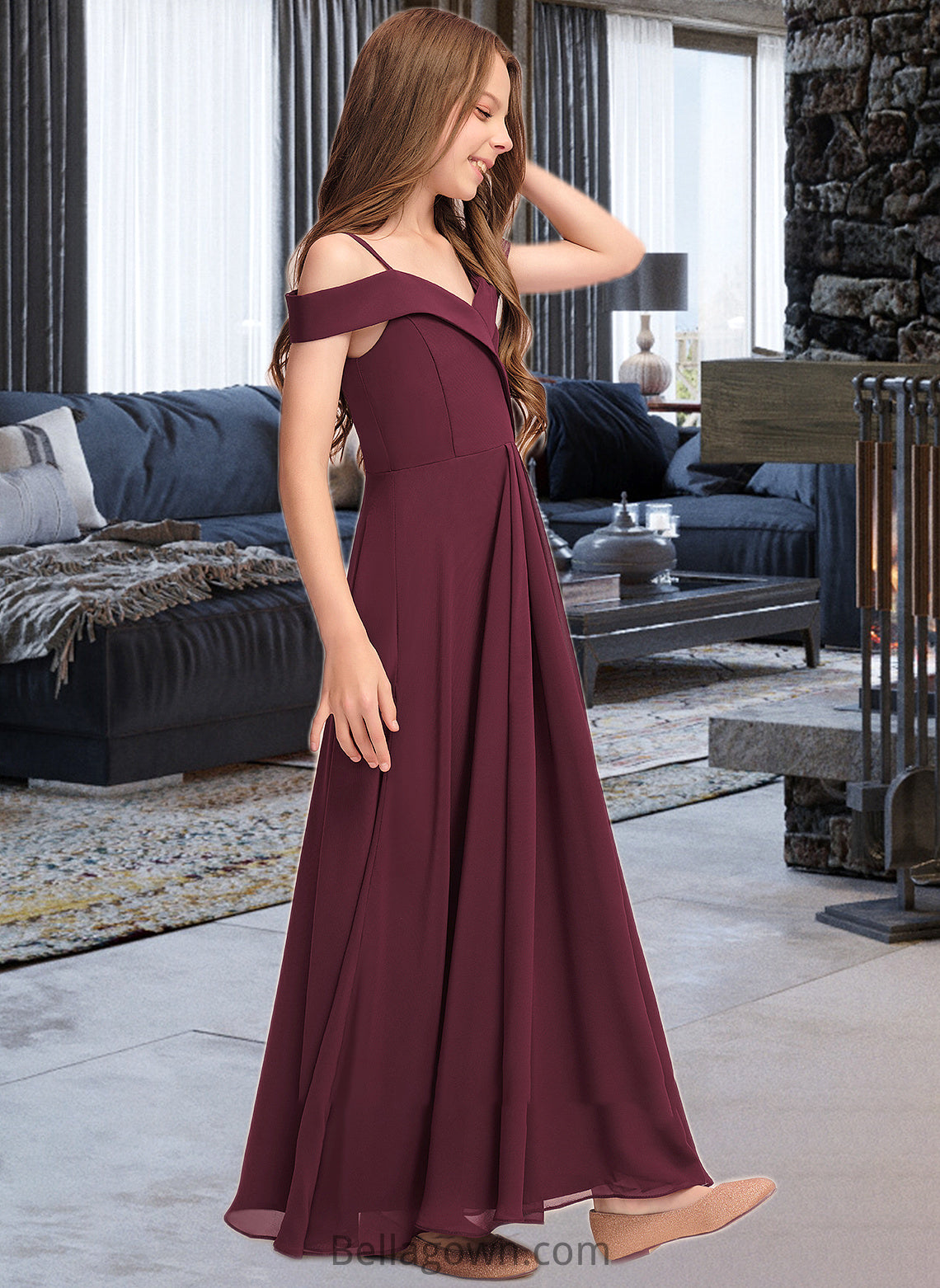 Mckinley A-Line Off-the-Shoulder Floor-Length Chiffon Junior Bridesmaid Dress DNP0013408