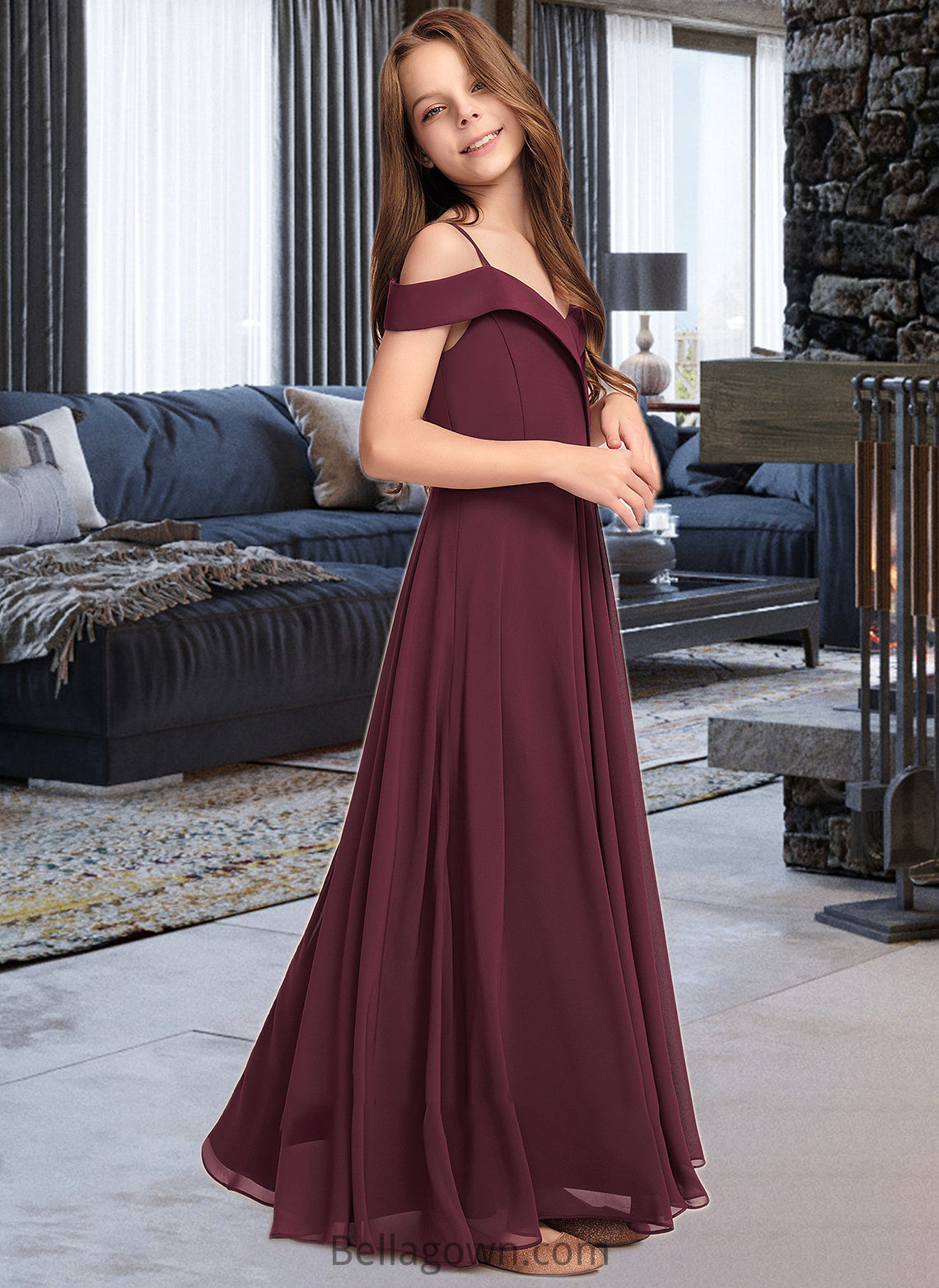 Mckinley A-Line Off-the-Shoulder Floor-Length Chiffon Junior Bridesmaid Dress DNP0013408