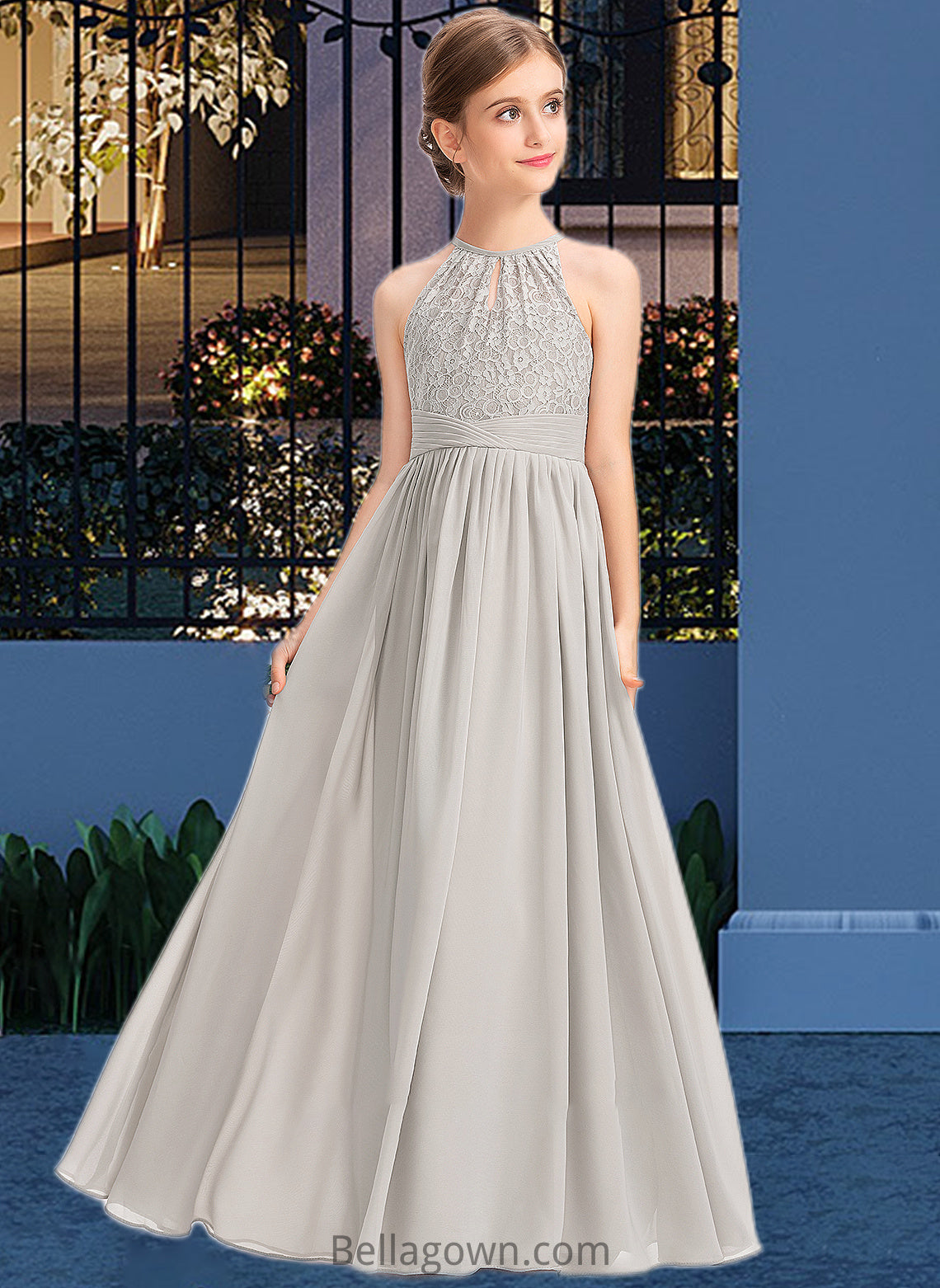 Priscilla A-Line Scoop Neck Floor-Length Chiffon Lace Junior Bridesmaid Dress With Ruffle DNP0013409