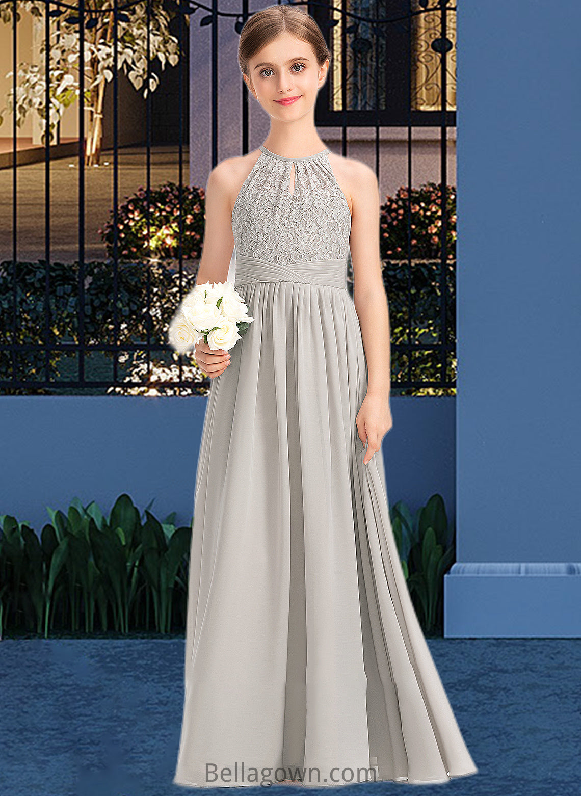 Priscilla A-Line Scoop Neck Floor-Length Chiffon Lace Junior Bridesmaid Dress With Ruffle DNP0013409