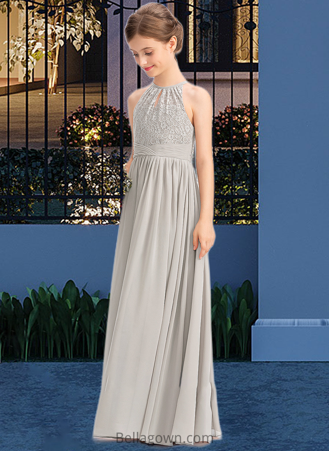 Priscilla A-Line Scoop Neck Floor-Length Chiffon Lace Junior Bridesmaid Dress With Ruffle DNP0013409