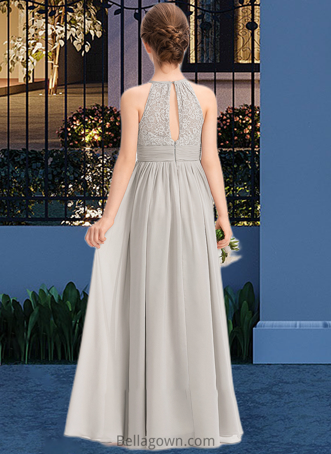 Priscilla A-Line Scoop Neck Floor-Length Chiffon Lace Junior Bridesmaid Dress With Ruffle DNP0013409