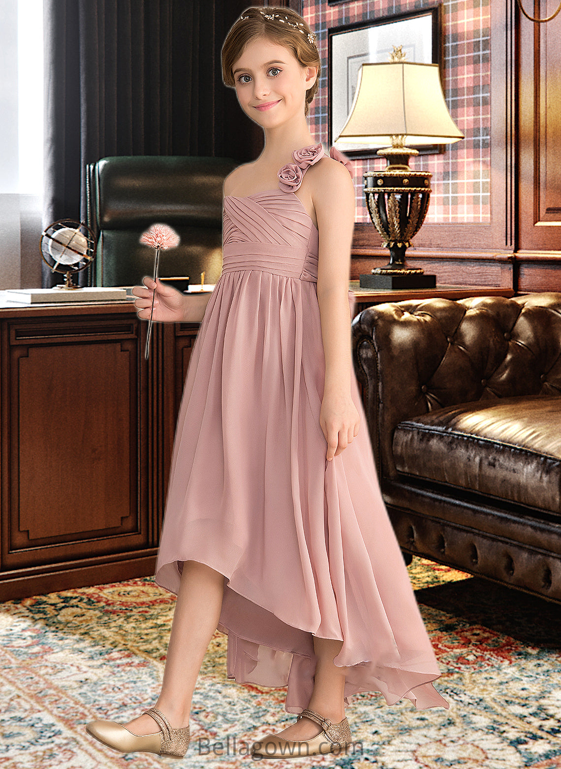 Frederica A-Line One-Shoulder Asymmetrical Chiffon Junior Bridesmaid Dress With Ruffle Flower(s) Bow(s) DNP0013410