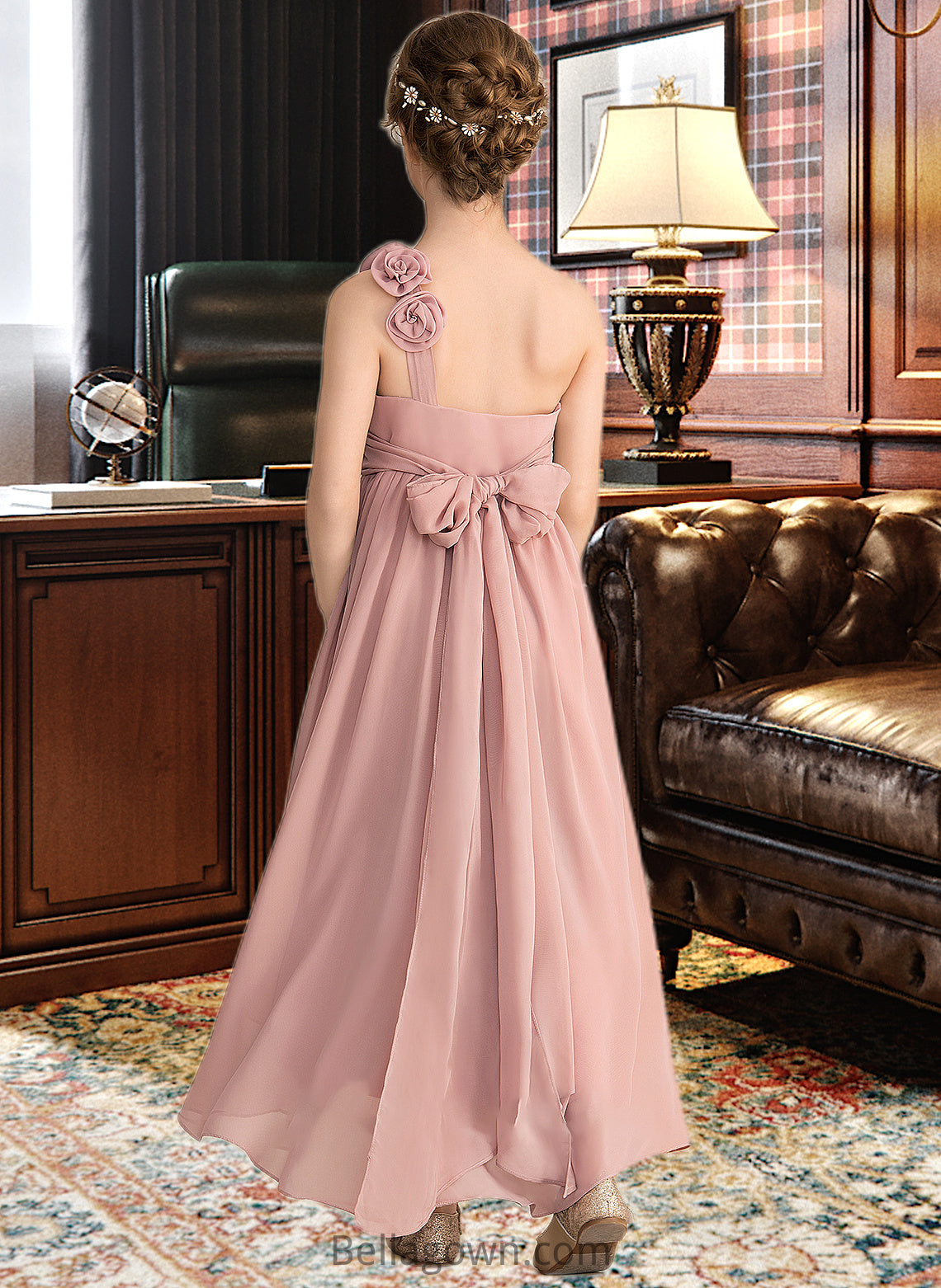 Frederica A-Line One-Shoulder Asymmetrical Chiffon Junior Bridesmaid Dress With Ruffle Flower(s) Bow(s) DNP0013410