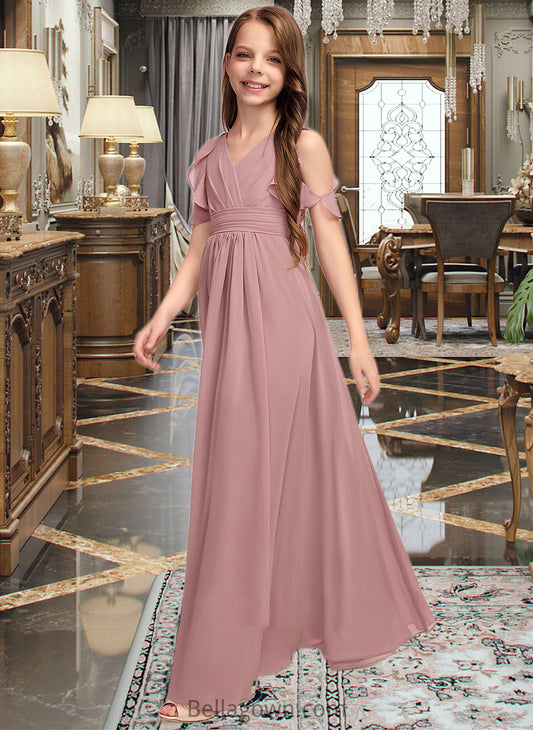 Joy A-Line V-neck Floor-Length Chiffon Junior Bridesmaid Dress With Cascading Ruffles DNP0013413