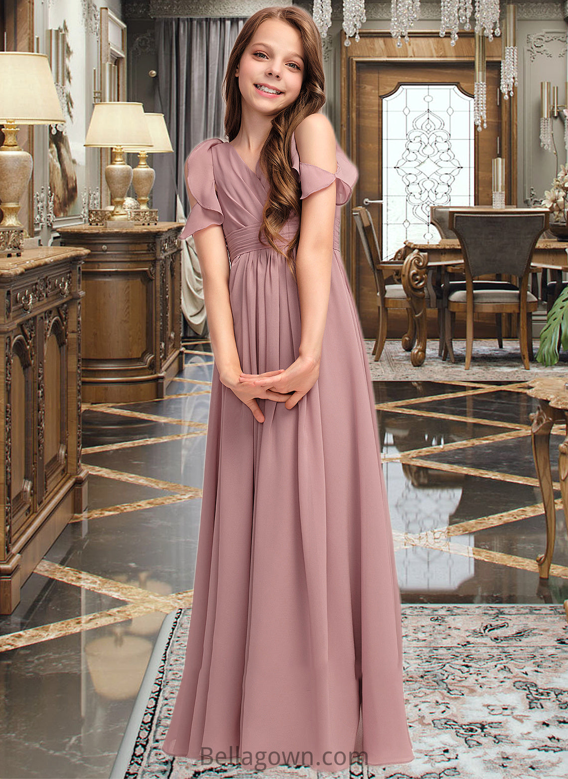 Joy A-Line V-neck Floor-Length Chiffon Junior Bridesmaid Dress With Cascading Ruffles DNP0013413