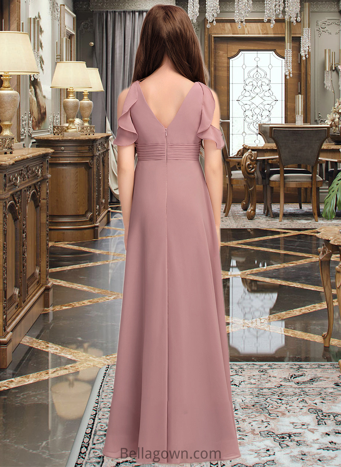 Joy A-Line V-neck Floor-Length Chiffon Junior Bridesmaid Dress With Cascading Ruffles DNP0013413