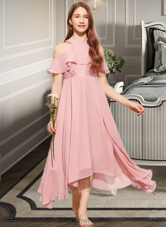 Sherry A-Line Scoop Neck Tea-Length Chiffon Lace Junior Bridesmaid Dress DNP0013414