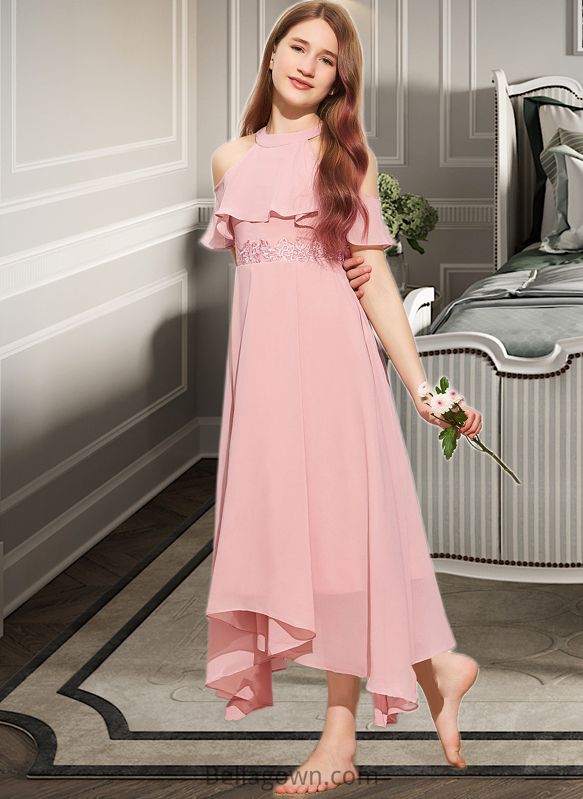 Sherry A-Line Scoop Neck Tea-Length Chiffon Lace Junior Bridesmaid Dress DNP0013414