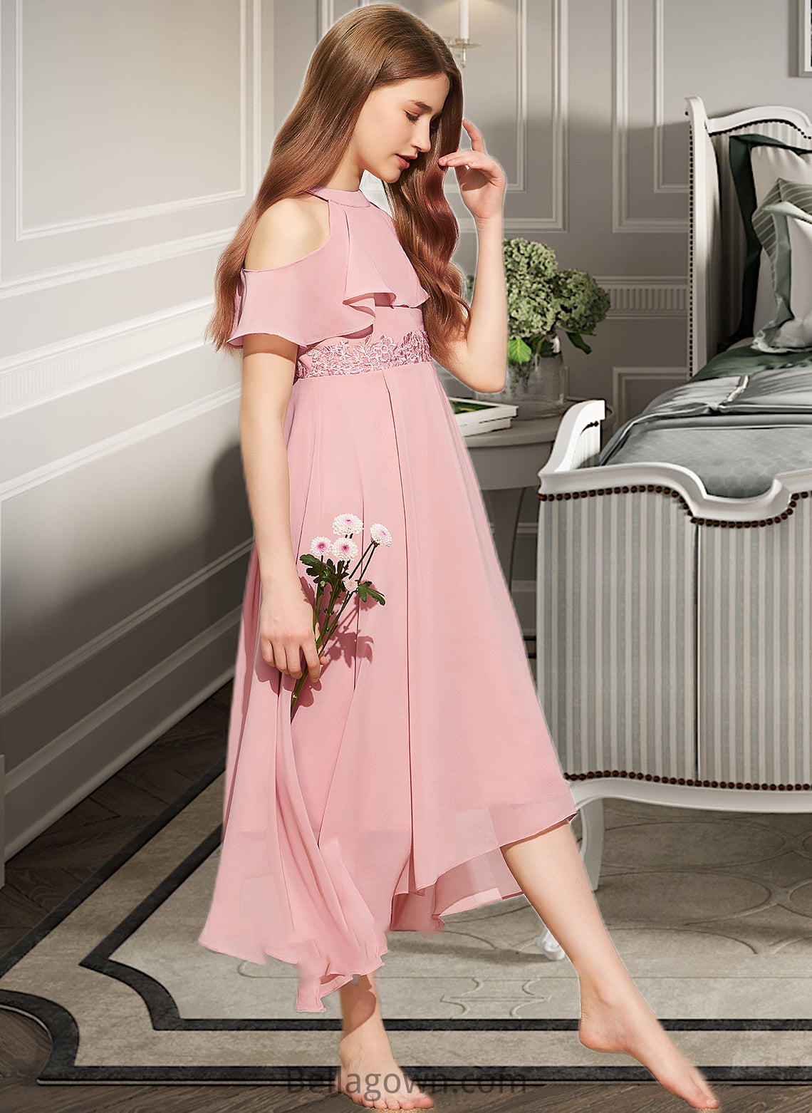 Sherry A-Line Scoop Neck Tea-Length Chiffon Lace Junior Bridesmaid Dress DNP0013414