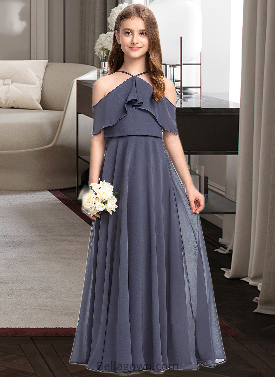 Anastasia A-Line Off-the-Shoulder Floor-Length Chiffon Junior Bridesmaid Dress With Cascading Ruffles DNP0013415