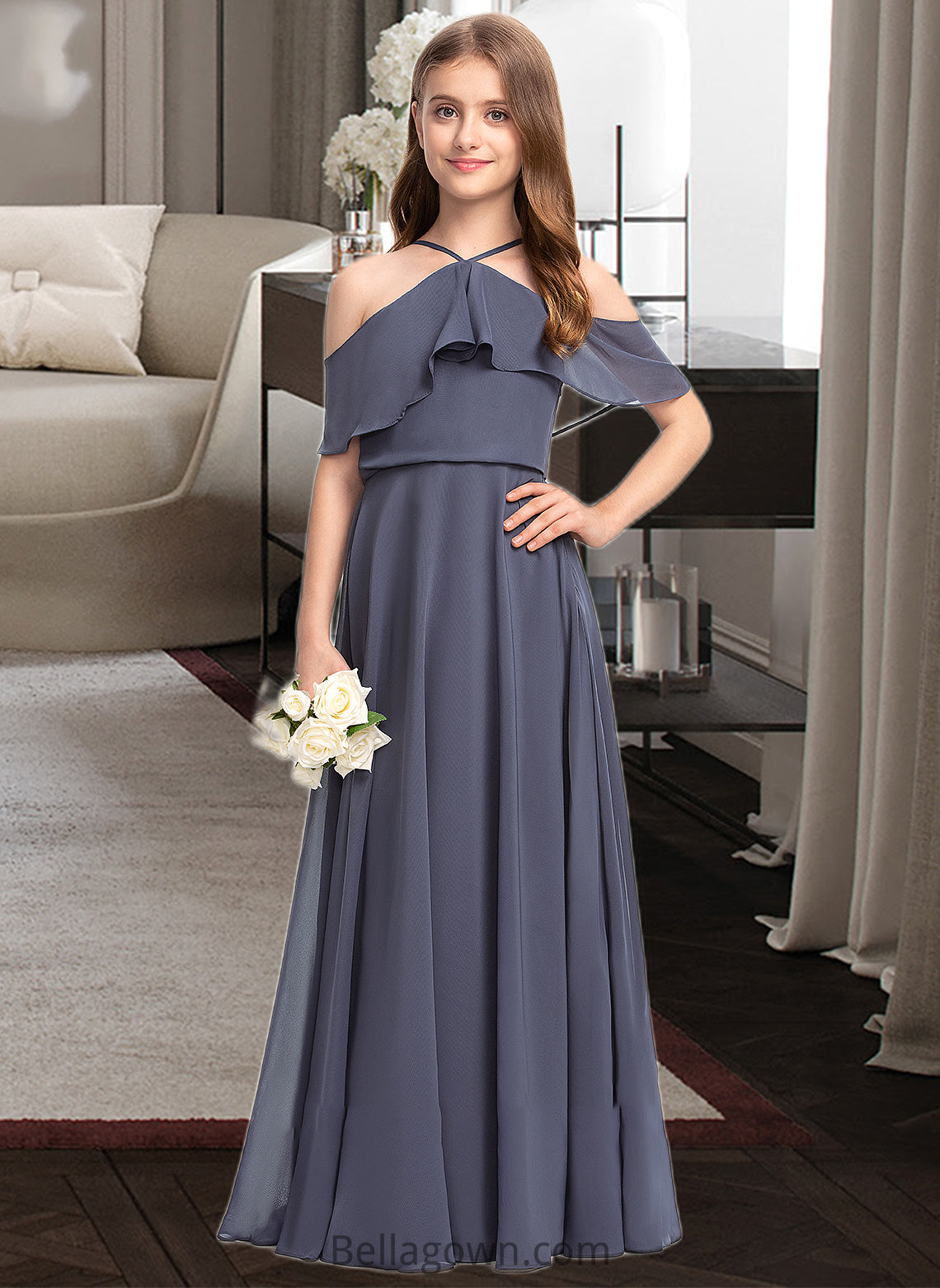 Anastasia A-Line Off-the-Shoulder Floor-Length Chiffon Junior Bridesmaid Dress With Cascading Ruffles DNP0013415