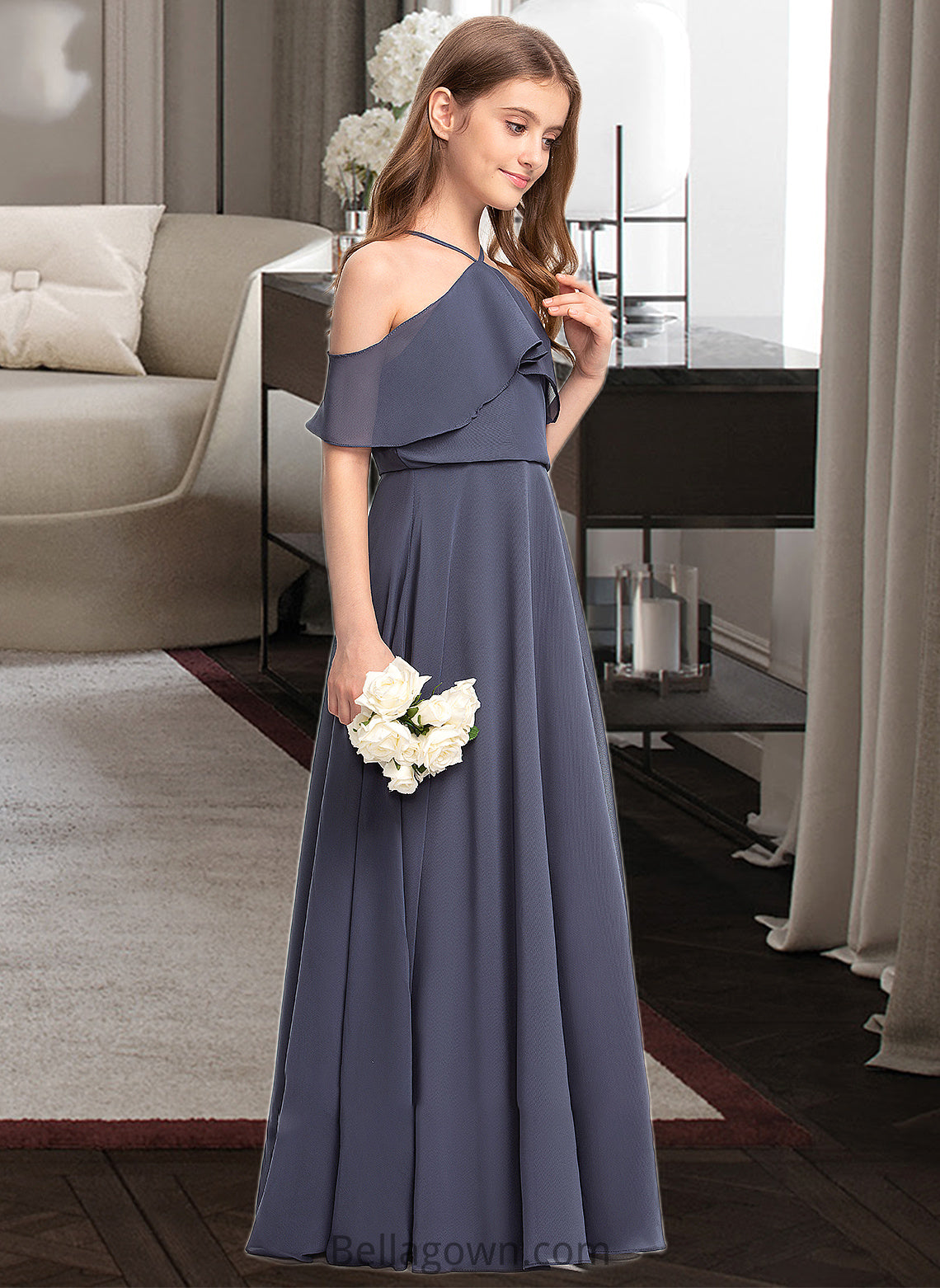 Anastasia A-Line Off-the-Shoulder Floor-Length Chiffon Junior Bridesmaid Dress With Cascading Ruffles DNP0013415