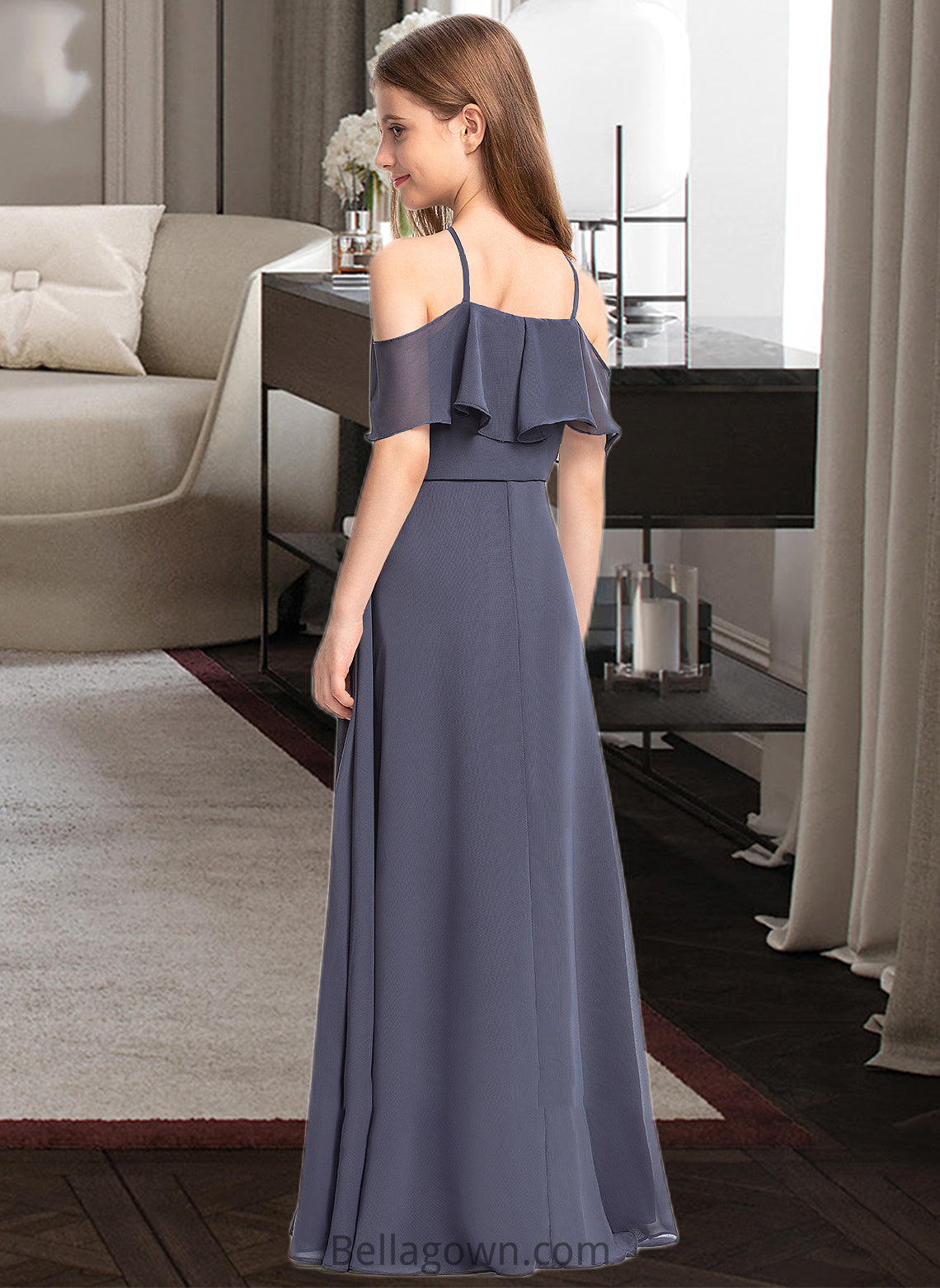 Anastasia A-Line Off-the-Shoulder Floor-Length Chiffon Junior Bridesmaid Dress With Cascading Ruffles DNP0013415