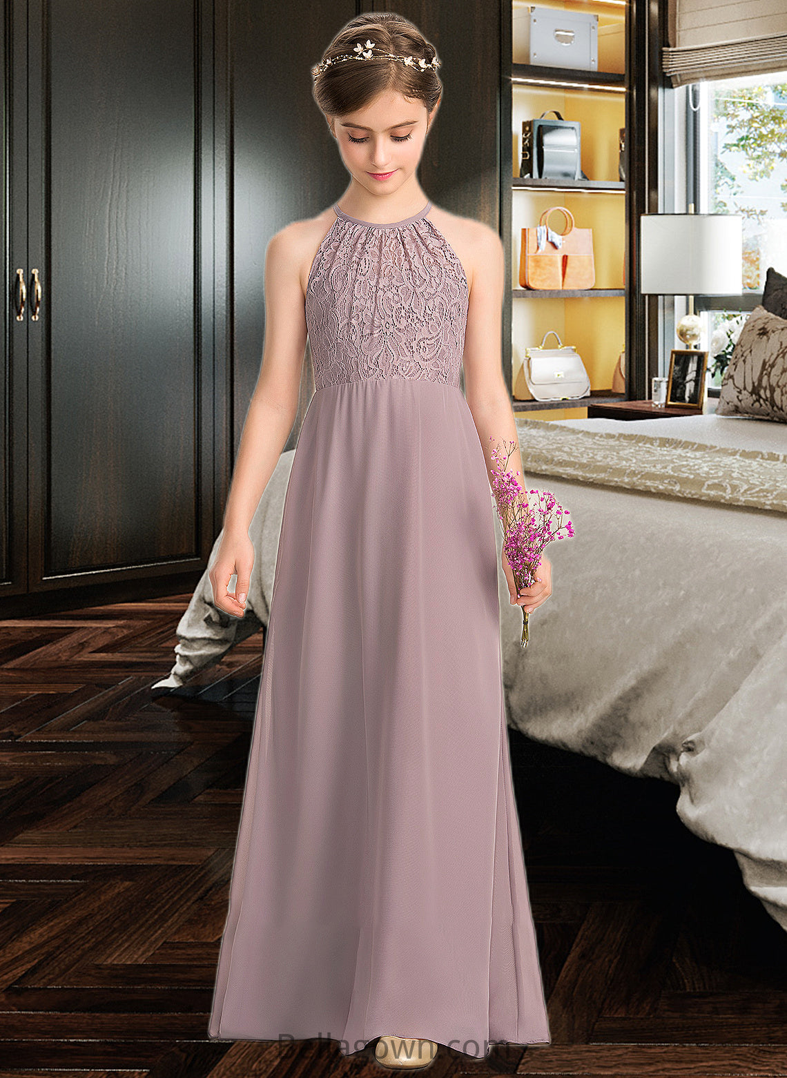 Susan A-LineScoopNeckFloor-LengthChiffonLaceJuniorBridesmaidDressWithRuffle#173272 DNP0013416