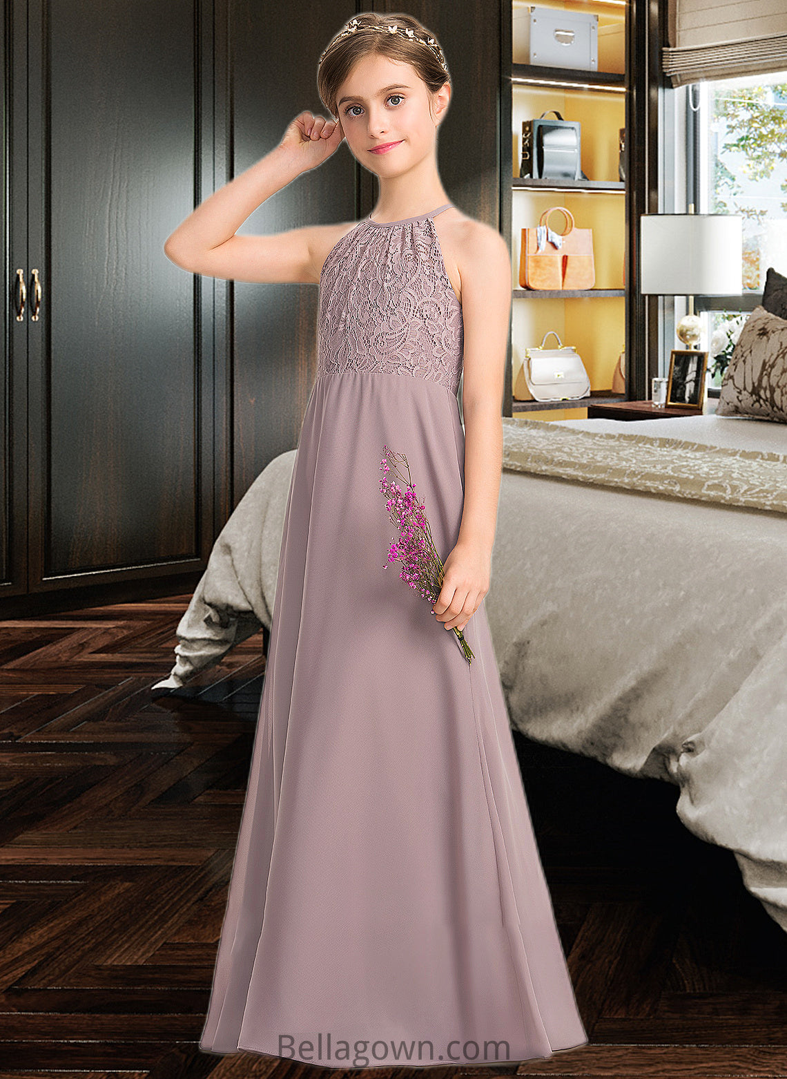 Susan A-LineScoopNeckFloor-LengthChiffonLaceJuniorBridesmaidDressWithRuffle#173272 DNP0013416