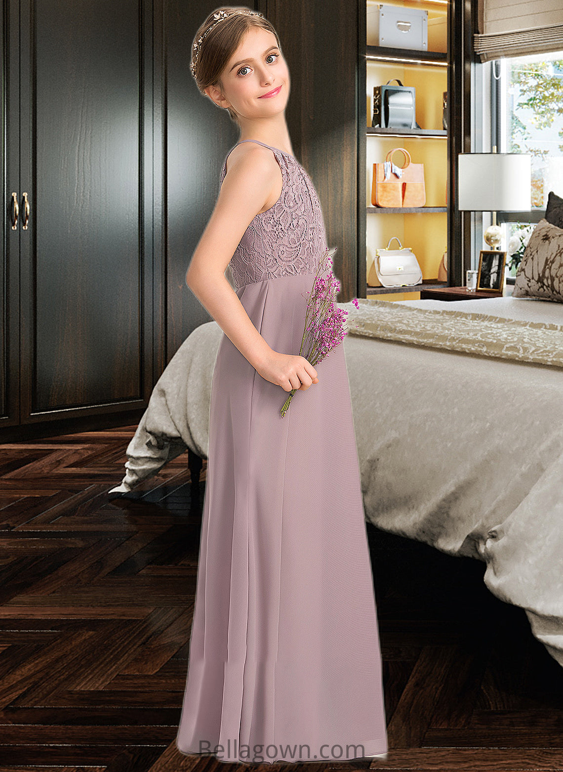 Susan A-LineScoopNeckFloor-LengthChiffonLaceJuniorBridesmaidDressWithRuffle#173272 DNP0013416