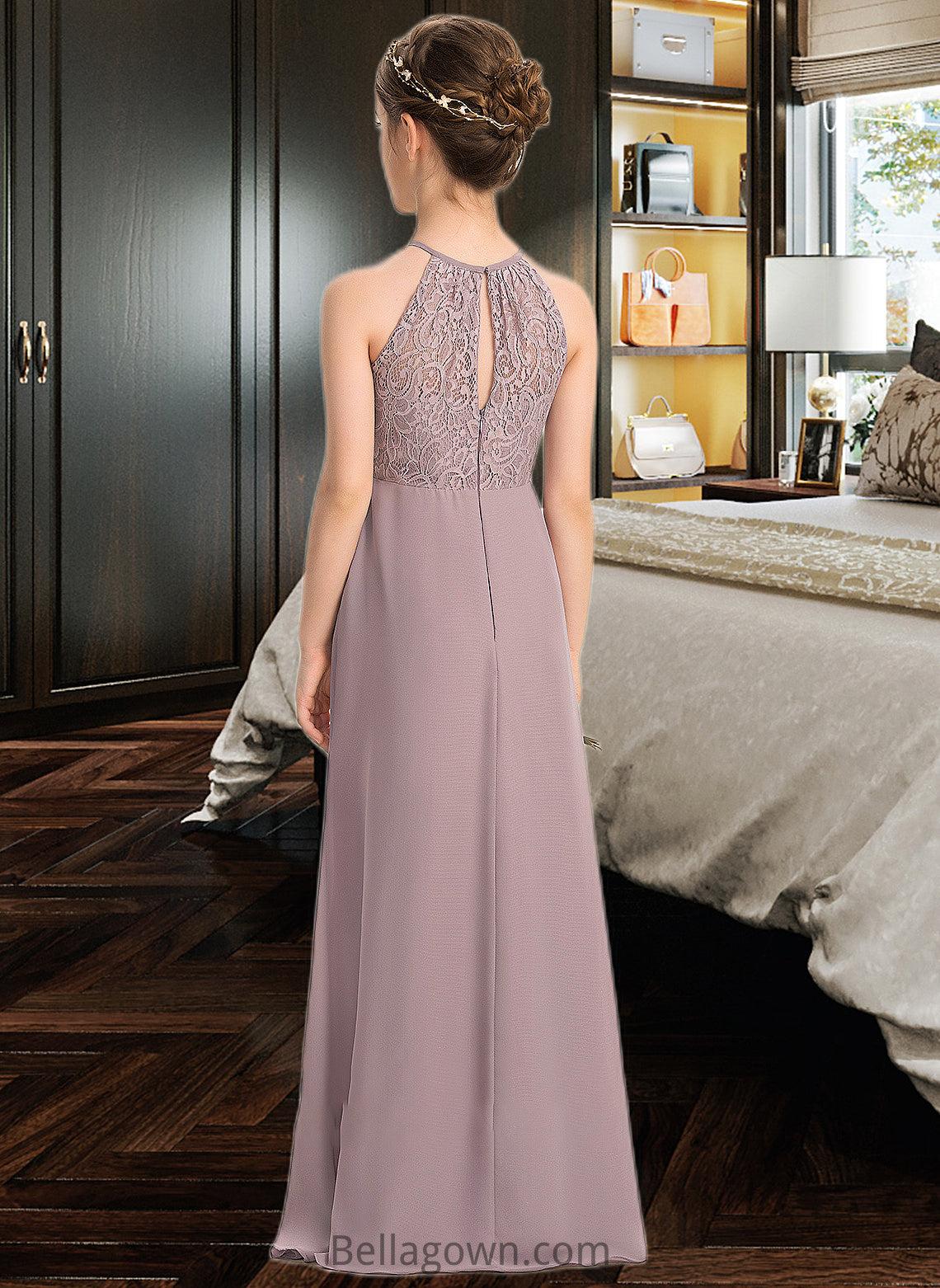 Susan A-LineScoopNeckFloor-LengthChiffonLaceJuniorBridesmaidDressWithRuffle#173272 DNP0013416