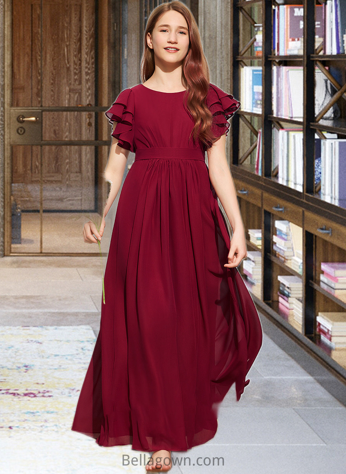 Karly A-Line Scoop Neck Floor-Length Chiffon Junior Bridesmaid Dress With Cascading Ruffles DNP0013417