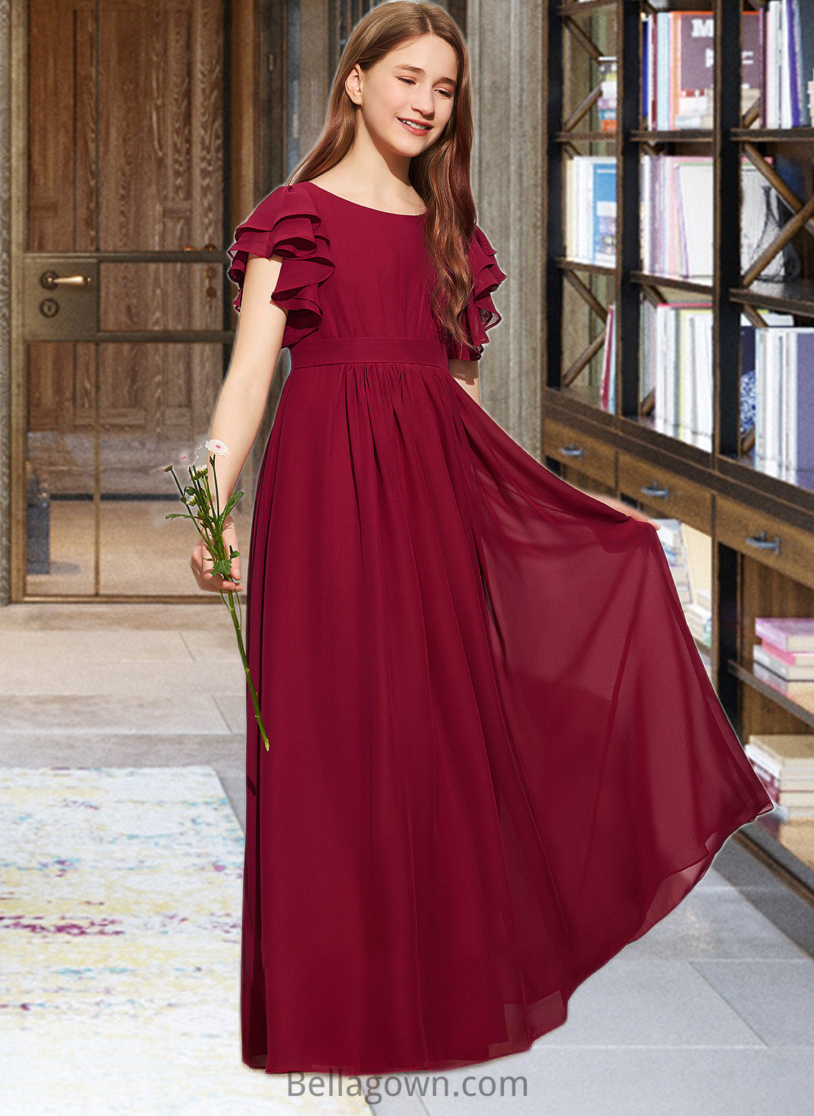 Karly A-Line Scoop Neck Floor-Length Chiffon Junior Bridesmaid Dress With Cascading Ruffles DNP0013417