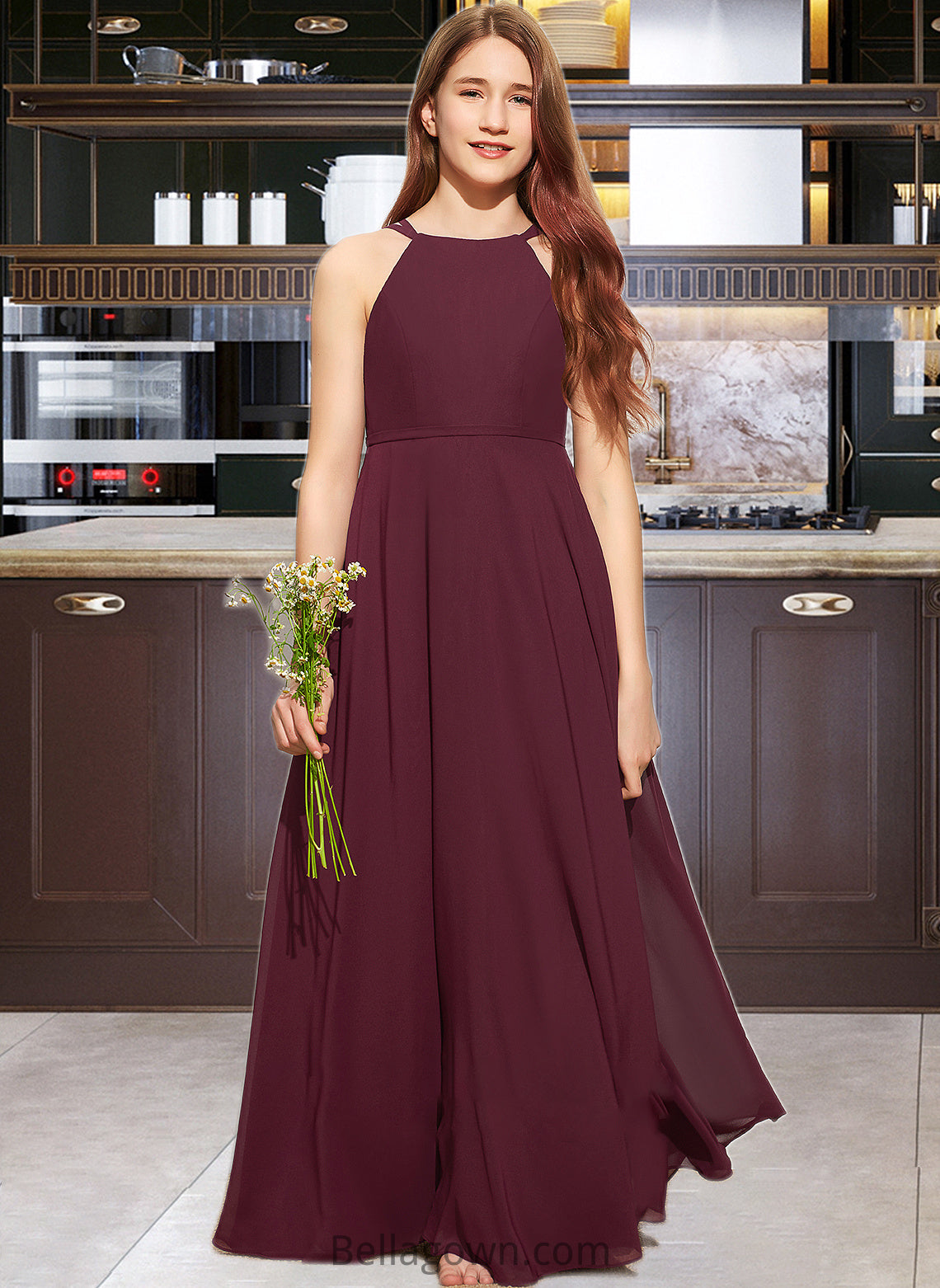 Kara A-Line Scoop Neck Floor-Length Chiffon Junior Bridesmaid Dress DNP0013418