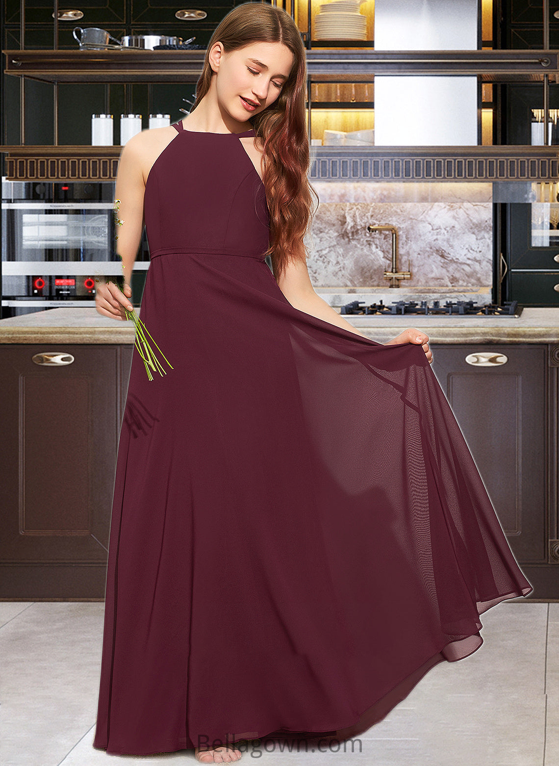 Kara A-Line Scoop Neck Floor-Length Chiffon Junior Bridesmaid Dress DNP0013418