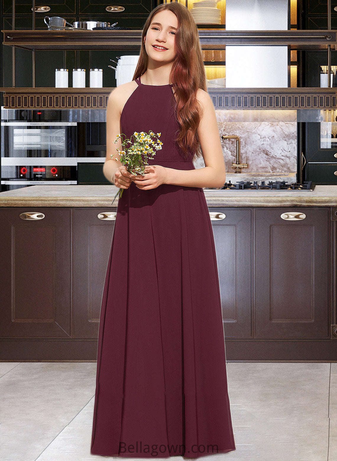 Kara A-Line Scoop Neck Floor-Length Chiffon Junior Bridesmaid Dress DNP0013418