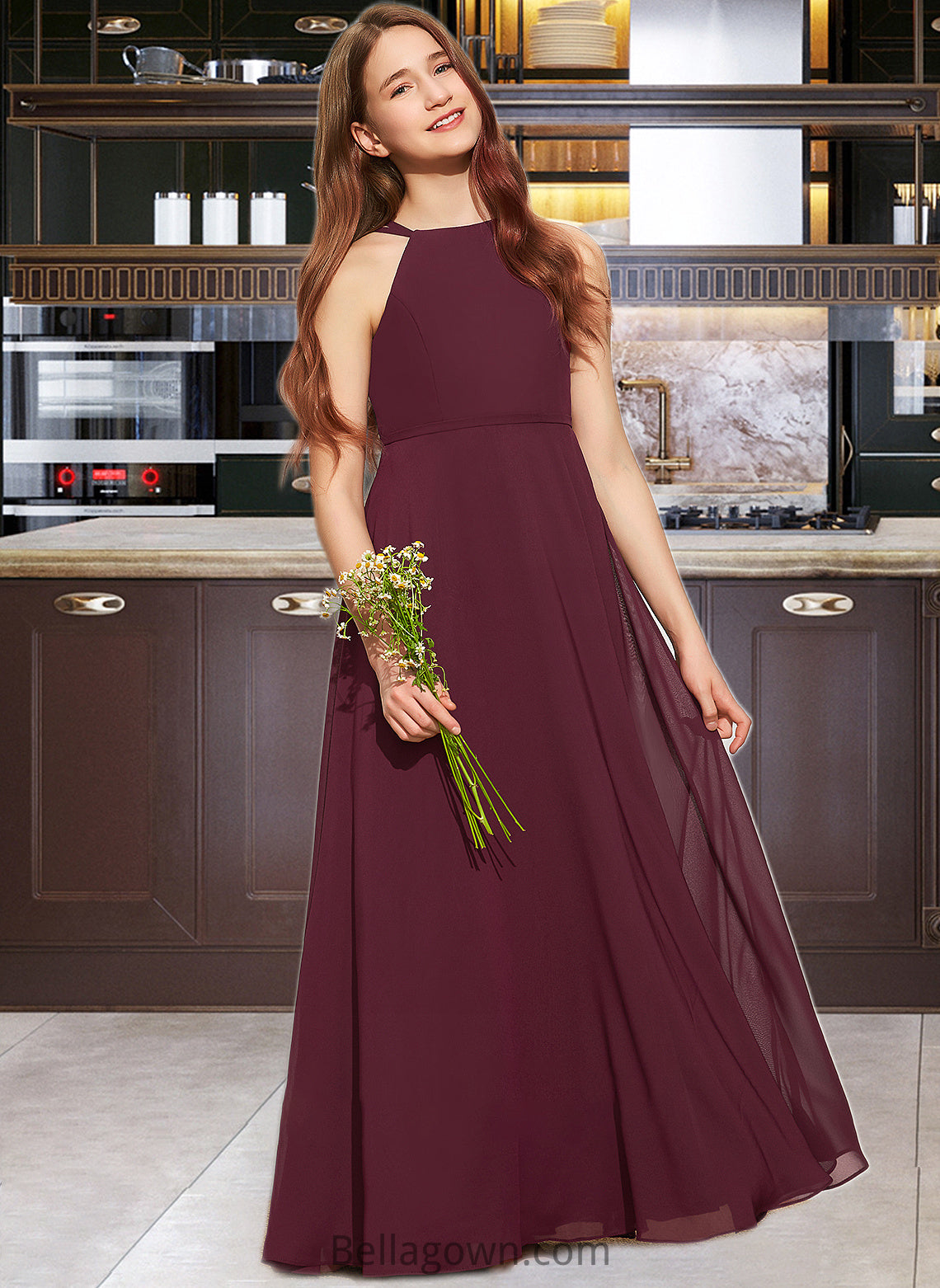 Kara A-Line Scoop Neck Floor-Length Chiffon Junior Bridesmaid Dress DNP0013418