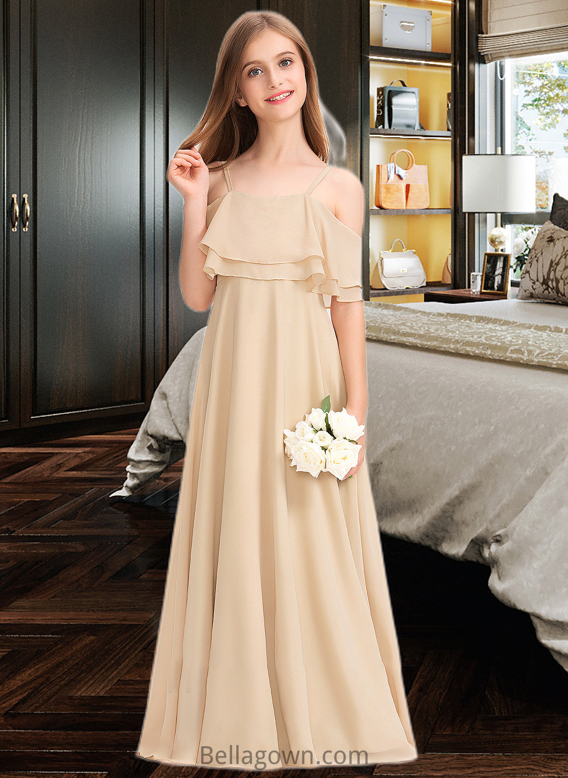 Aylin A-Line Off-the-Shoulder Floor-Length Chiffon Junior Bridesmaid Dress With Cascading Ruffles DNP0013419