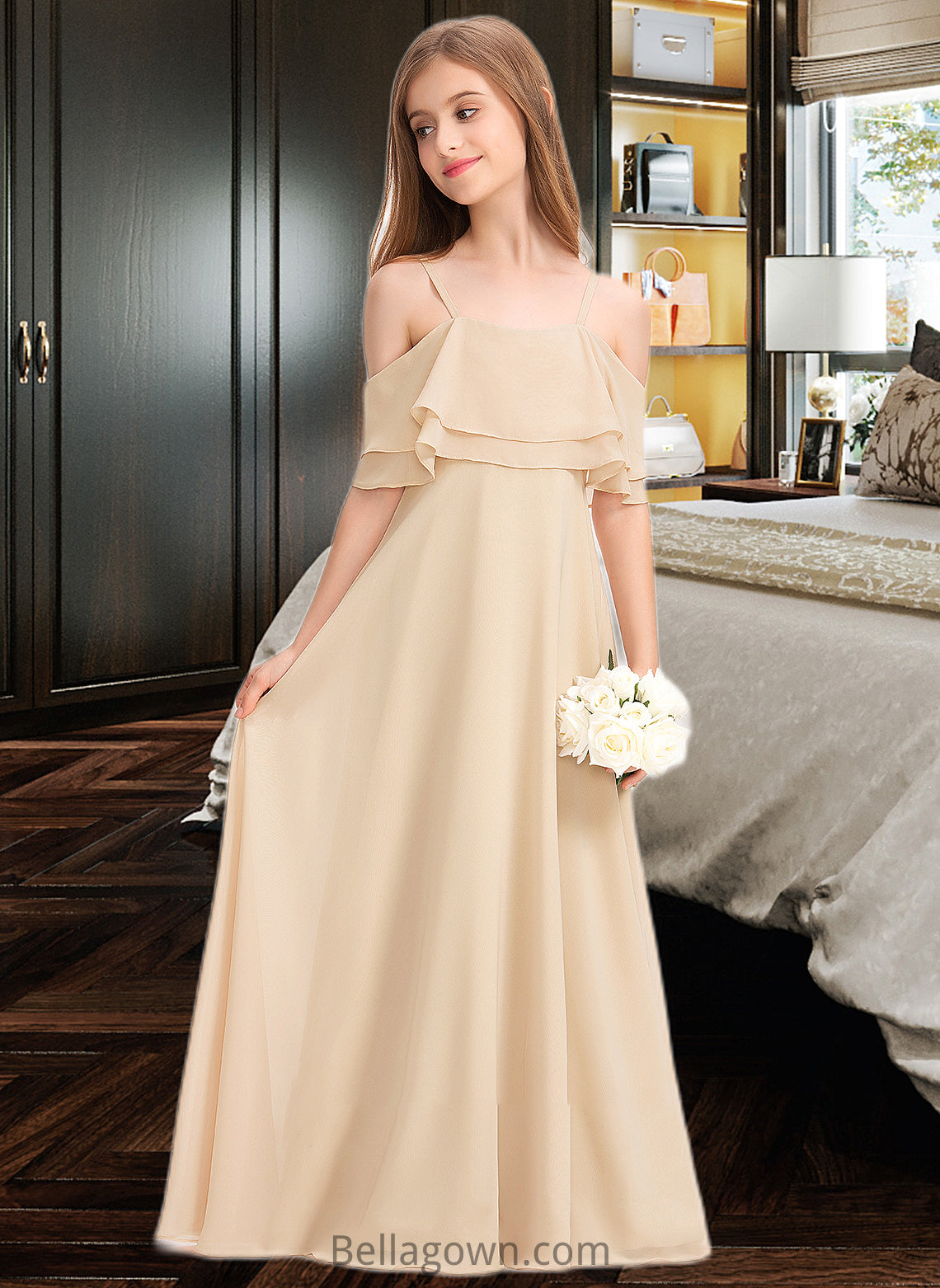 Aylin A-Line Off-the-Shoulder Floor-Length Chiffon Junior Bridesmaid Dress With Cascading Ruffles DNP0013419