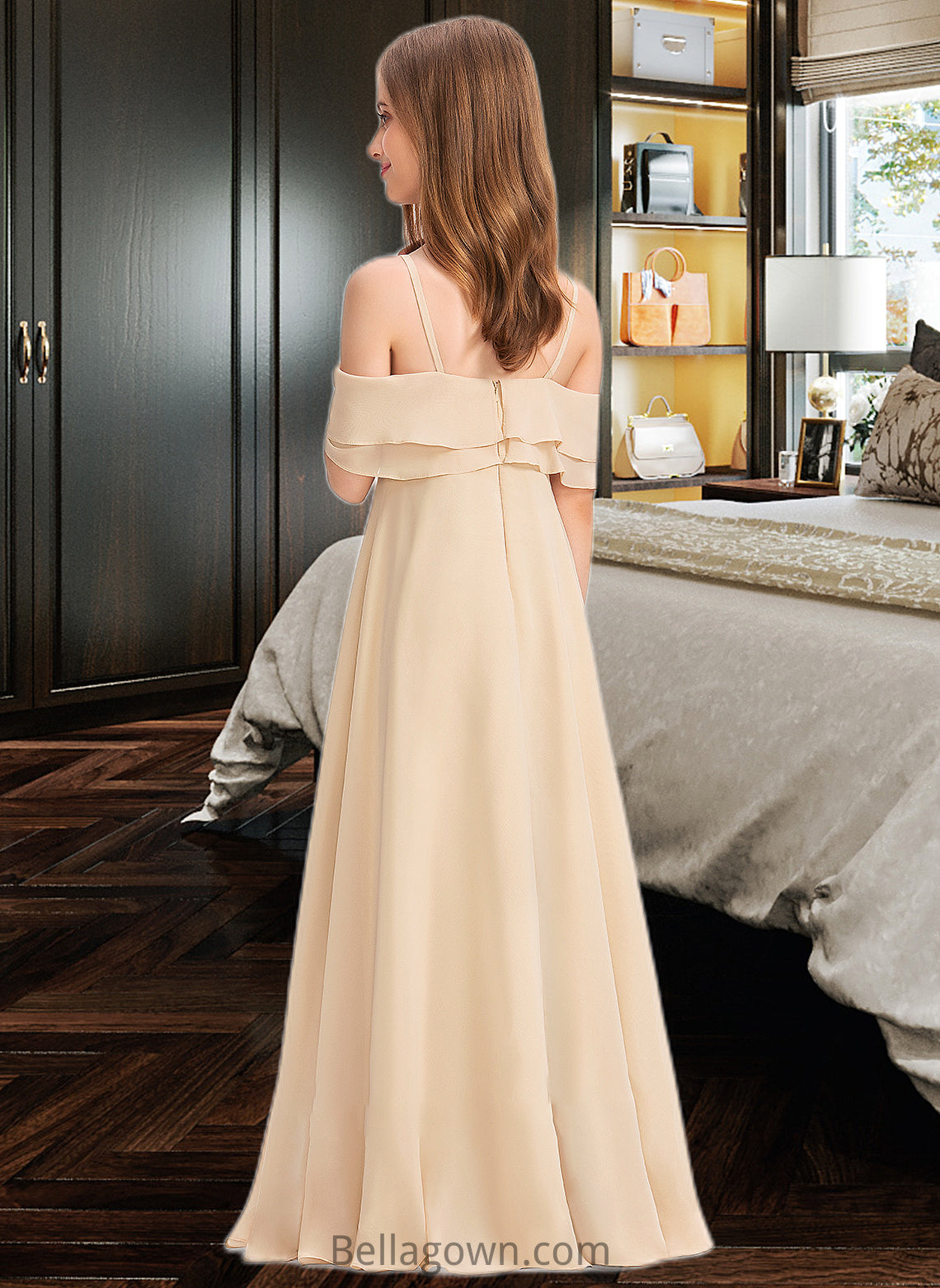 Aylin A-Line Off-the-Shoulder Floor-Length Chiffon Junior Bridesmaid Dress With Cascading Ruffles DNP0013419