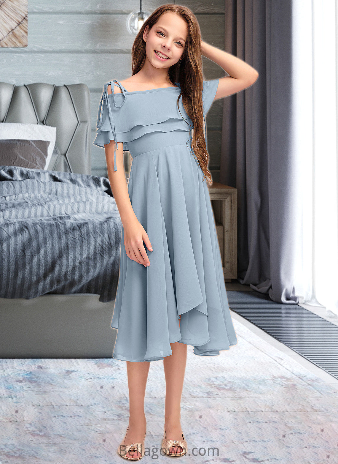 Willa A-Line Off-the-Shoulder Asymmetrical Chiffon Junior Bridesmaid Dress With Cascading Ruffles DNP0013420