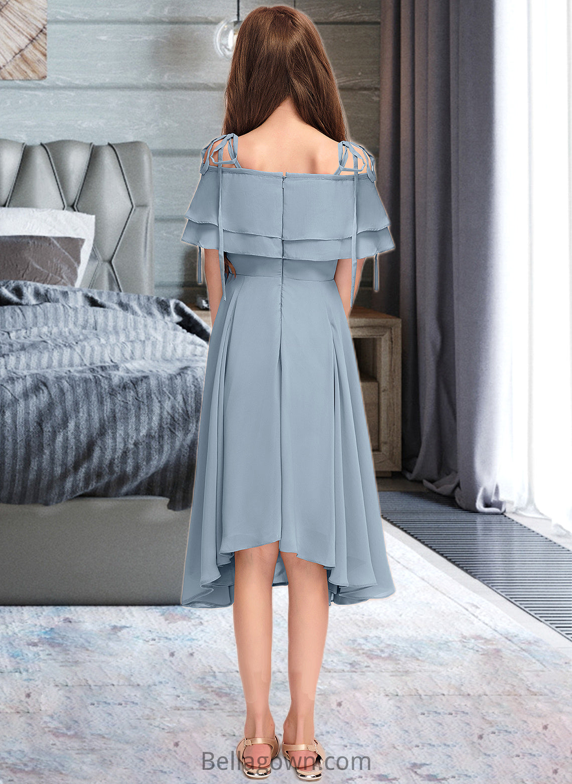 Willa A-Line Off-the-Shoulder Asymmetrical Chiffon Junior Bridesmaid Dress With Cascading Ruffles DNP0013420