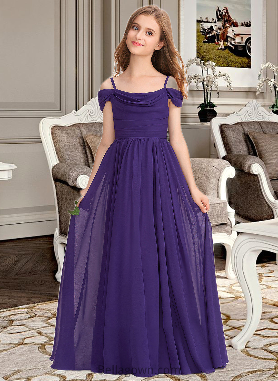 Laura A-Line Off-the-Shoulder Floor-Length Chiffon Junior Bridesmaid Dress With Ruffle DNP0013421