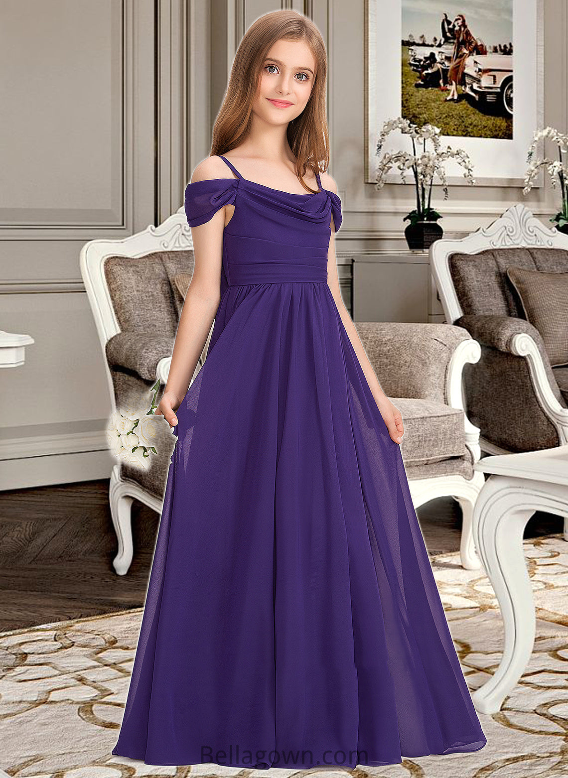 Laura A-Line Off-the-Shoulder Floor-Length Chiffon Junior Bridesmaid Dress With Ruffle DNP0013421