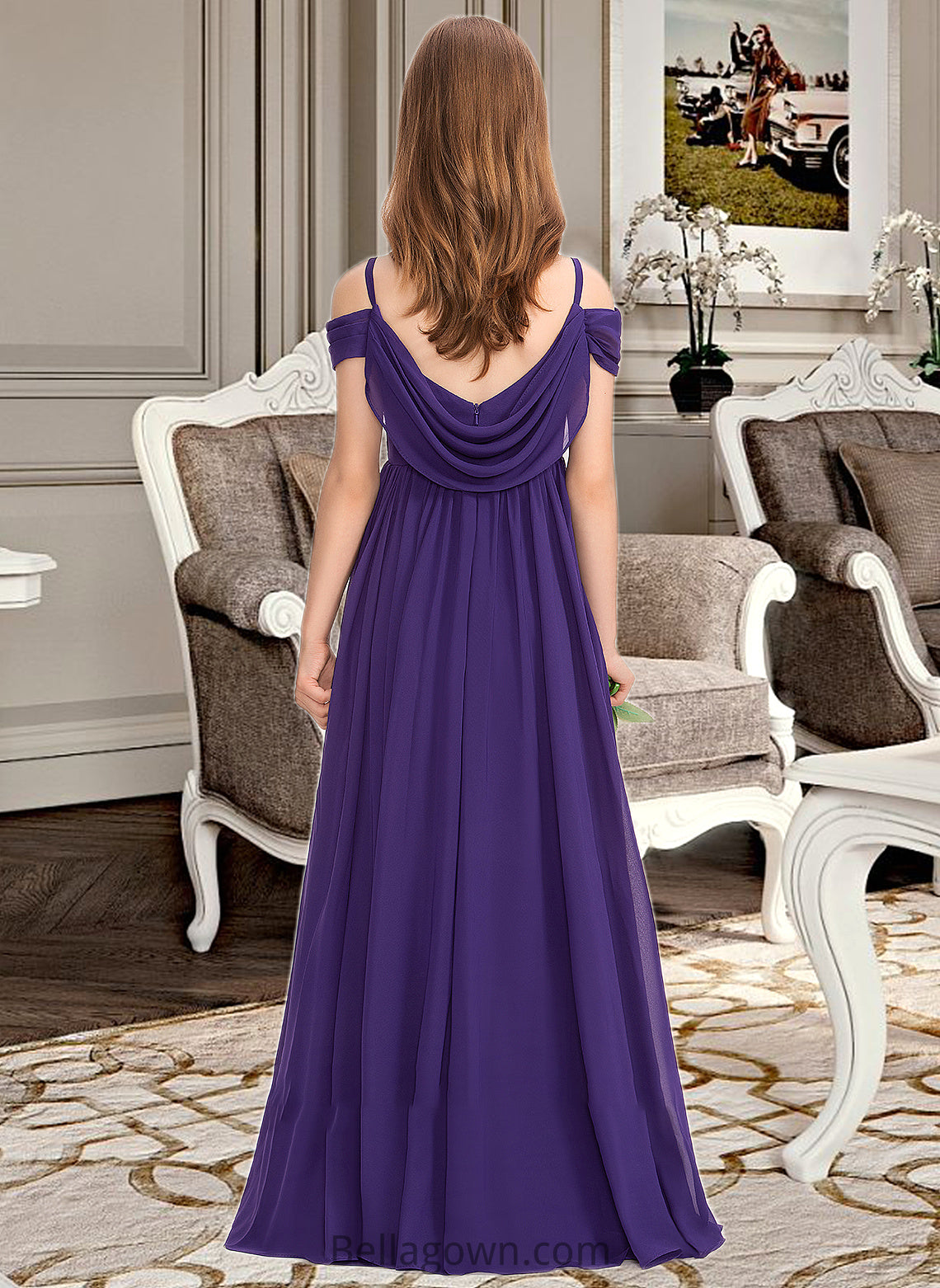 Laura A-Line Off-the-Shoulder Floor-Length Chiffon Junior Bridesmaid Dress With Ruffle DNP0013421