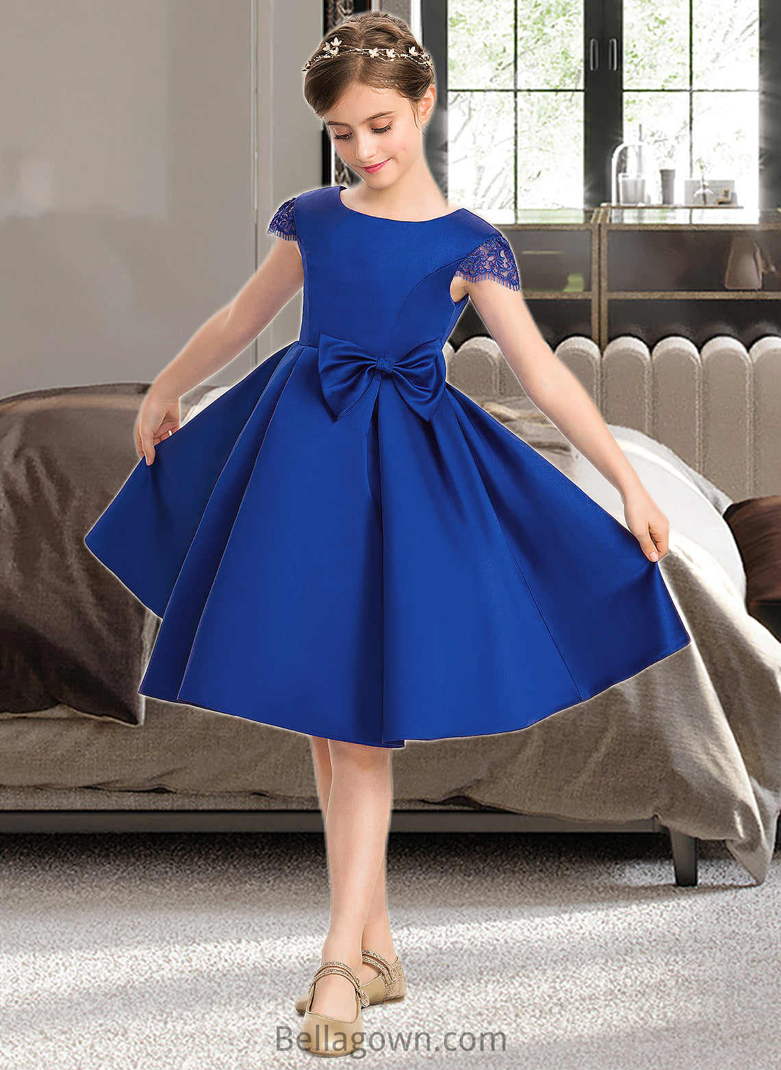 Christina A-Line Scoop Neck Knee-Length Satin Junior Bridesmaid Dress With Lace Bow(s) DNP0013422