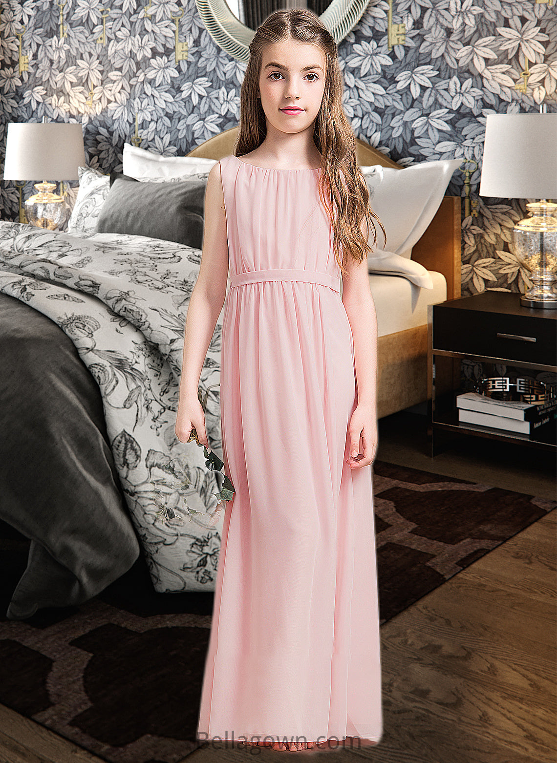 Zaria A-Line Scoop Neck Floor-Length Chiffon Junior Bridesmaid Dress With Ruffle Split Front DNP0013425