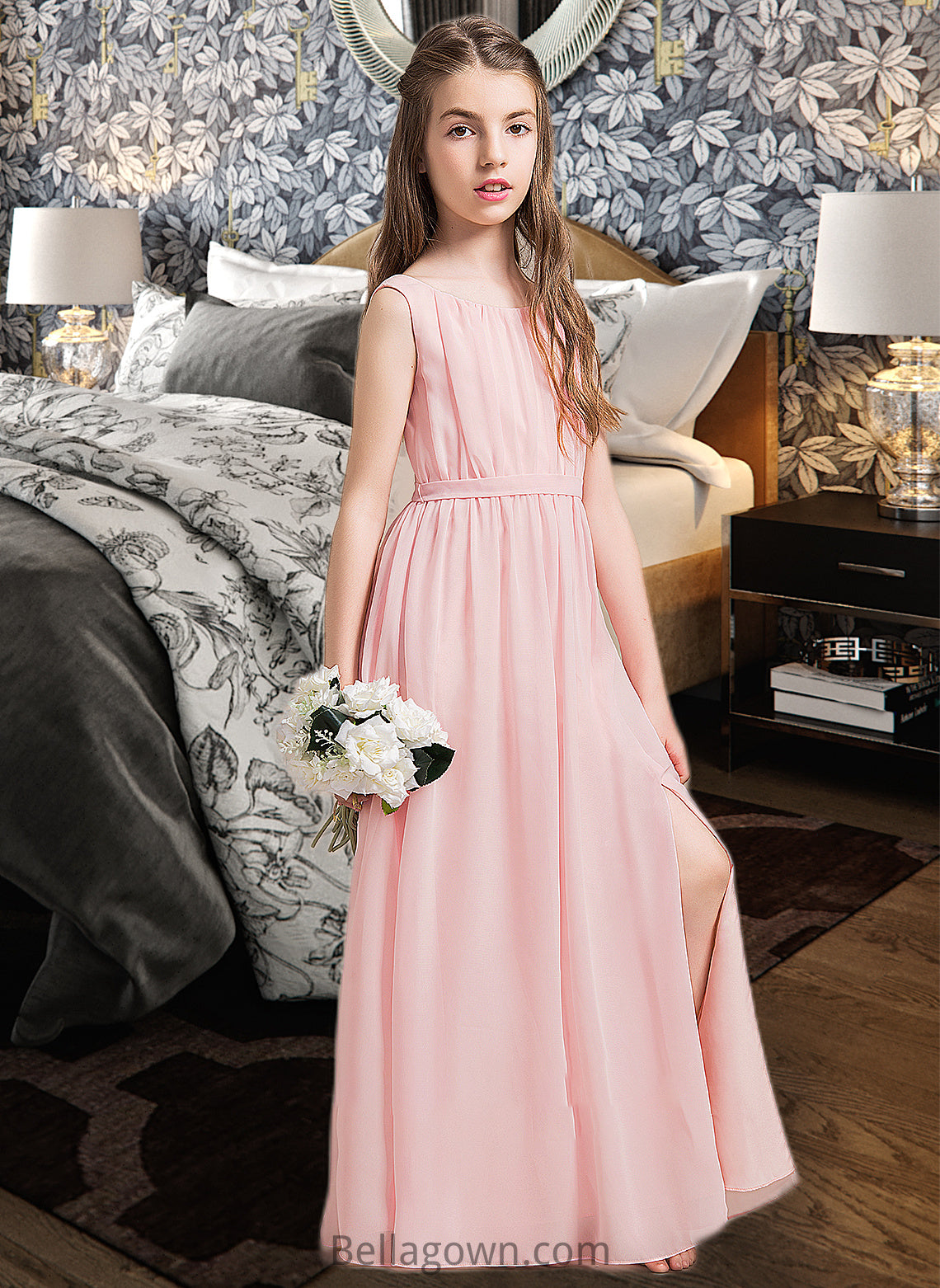 Zaria A-Line Scoop Neck Floor-Length Chiffon Junior Bridesmaid Dress With Ruffle Split Front DNP0013425