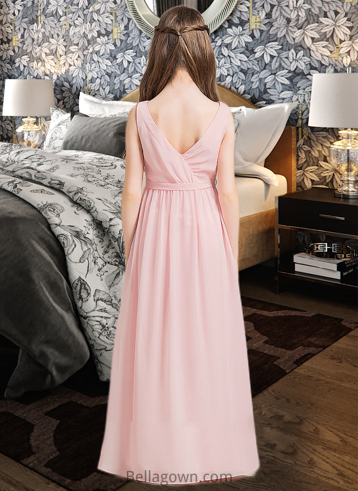 Zaria A-Line Scoop Neck Floor-Length Chiffon Junior Bridesmaid Dress With Ruffle Split Front DNP0013425