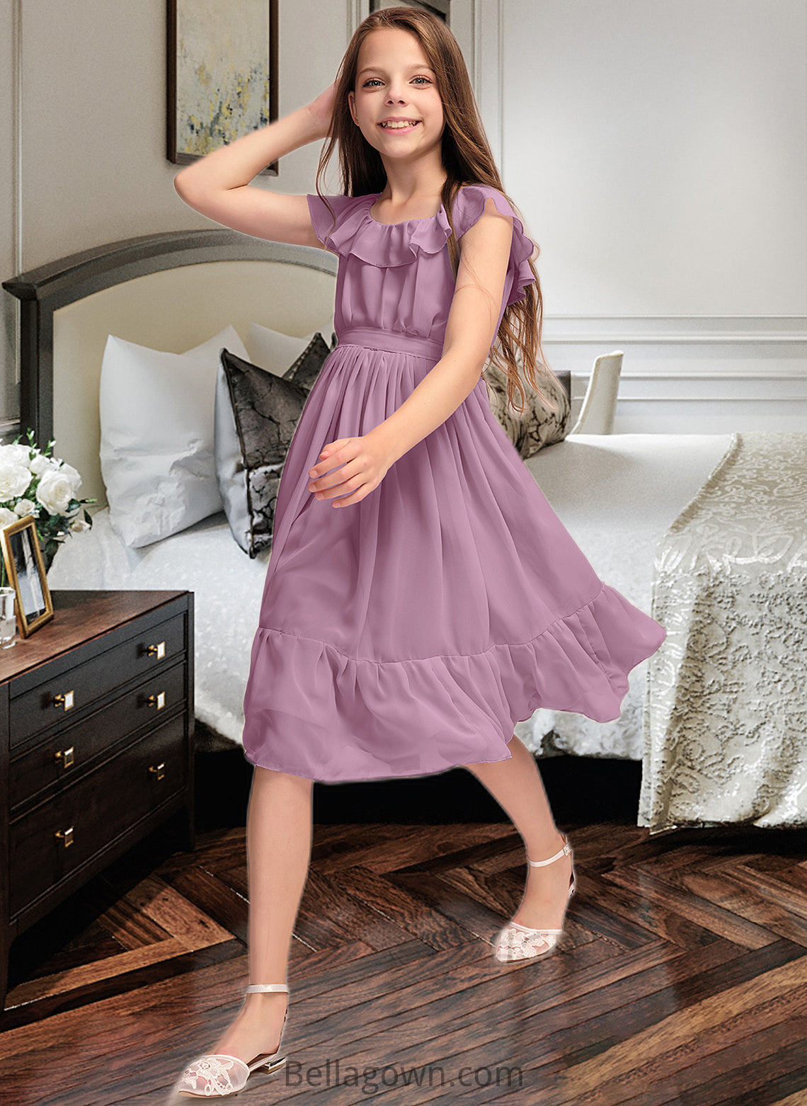 Brooklyn A-Line Scoop Neck Knee-Length Chiffon Junior Bridesmaid Dress With Bow(s) Cascading Ruffles DNP0013426