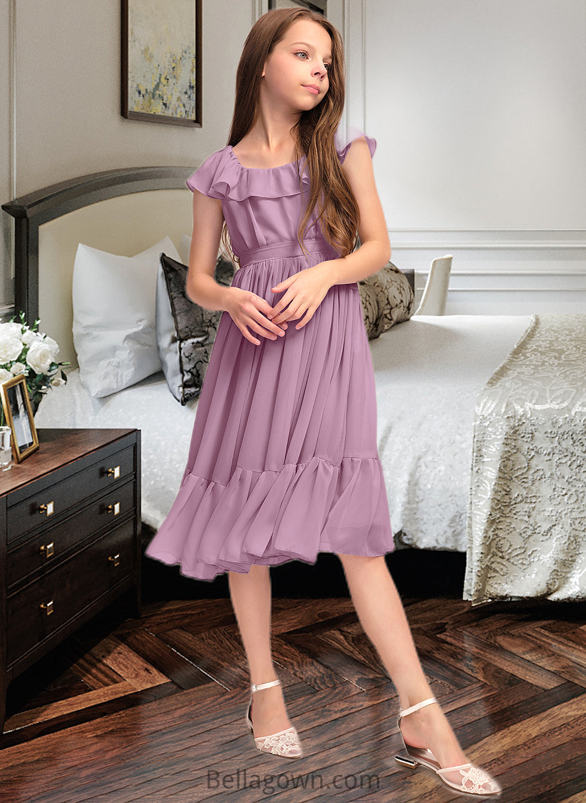 Brooklyn A-Line Scoop Neck Knee-Length Chiffon Junior Bridesmaid Dress With Bow(s) Cascading Ruffles DNP0013426