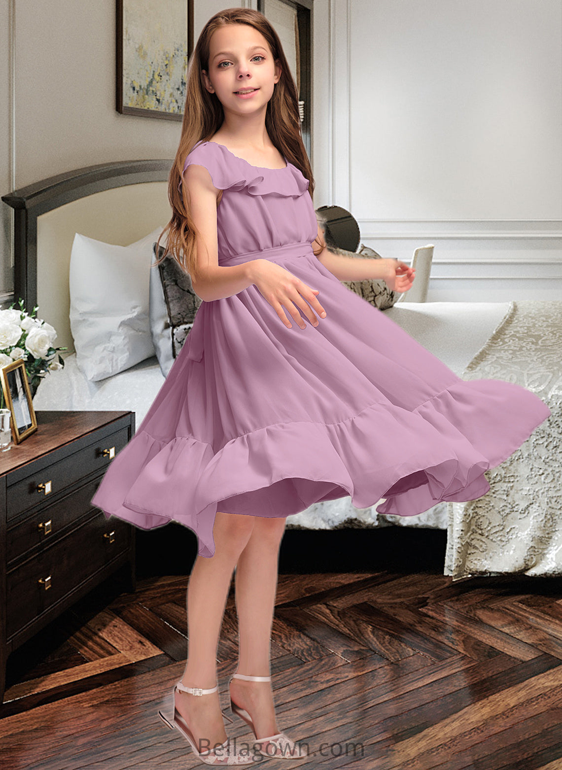 Brooklyn A-Line Scoop Neck Knee-Length Chiffon Junior Bridesmaid Dress With Bow(s) Cascading Ruffles DNP0013426