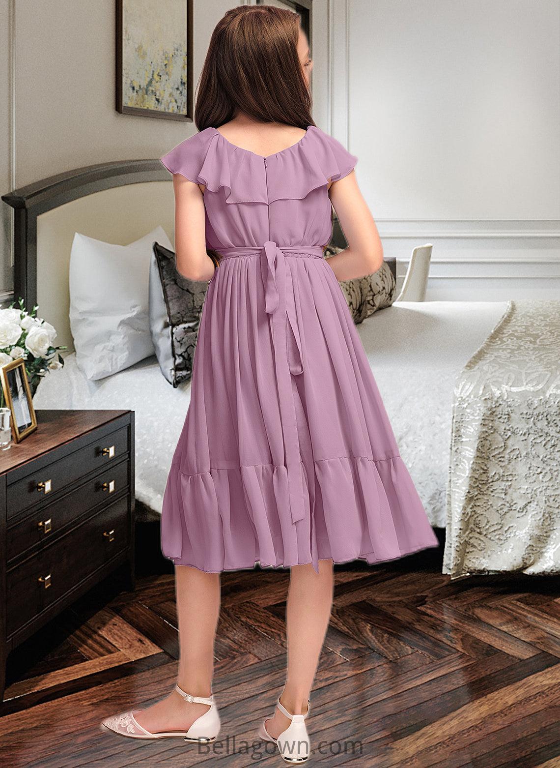 Brooklyn A-Line Scoop Neck Knee-Length Chiffon Junior Bridesmaid Dress With Bow(s) Cascading Ruffles DNP0013426