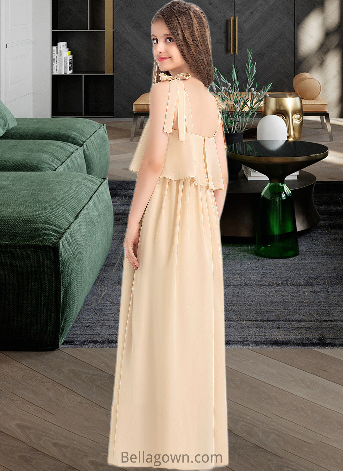 Maria A-Line Square Neckline Floor-Length Chiffon Junior Bridesmaid Dress With Bow(s) Cascading Ruffles DNP0013428