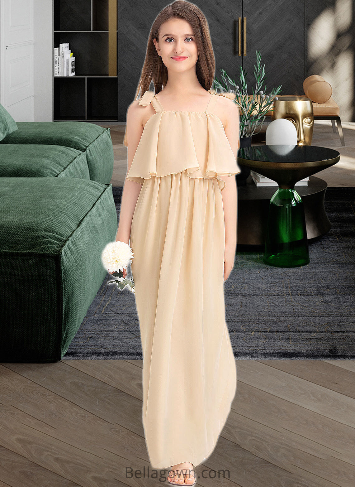 Maria A-Line Square Neckline Floor-Length Chiffon Junior Bridesmaid Dress With Bow(s) Cascading Ruffles DNP0013428